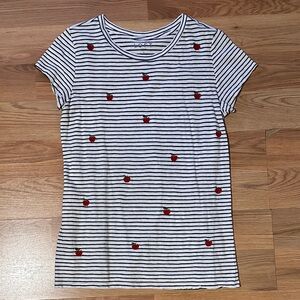 LOFT Black and White Striped Tee with Red Apple Accents